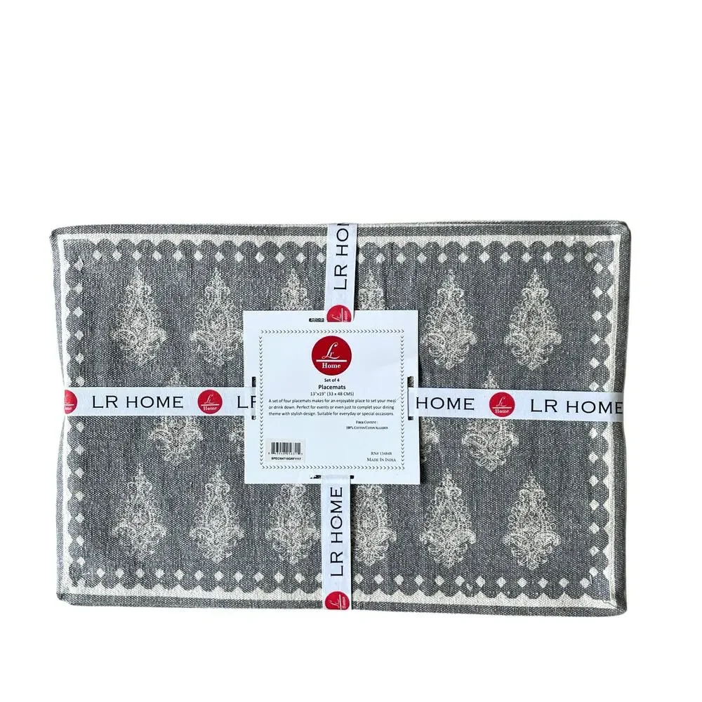 LR HOME Damask Print Placemats 13x19 Cotton Gray & Cream Set of 4 NEW